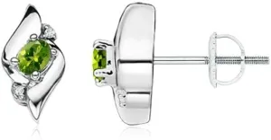 ANGARA Natural Oval Peridot and Diamond Shell Stud Earrings in Silver / 14K Solid Gold/Platinum | August Birthstone, Birthday, Engagement, Anniversary, Wedding Jewelry Gift for Women