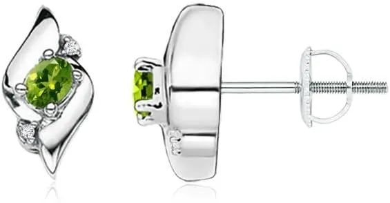 ANGARA Natural Oval Peridot and Diamond Shell Stud Earrings in Silver / 14K Solid Gold/Platinum | August Birthstone, Birthday, Engagement, Anniversary, Wedding Jewelry Gift for Women