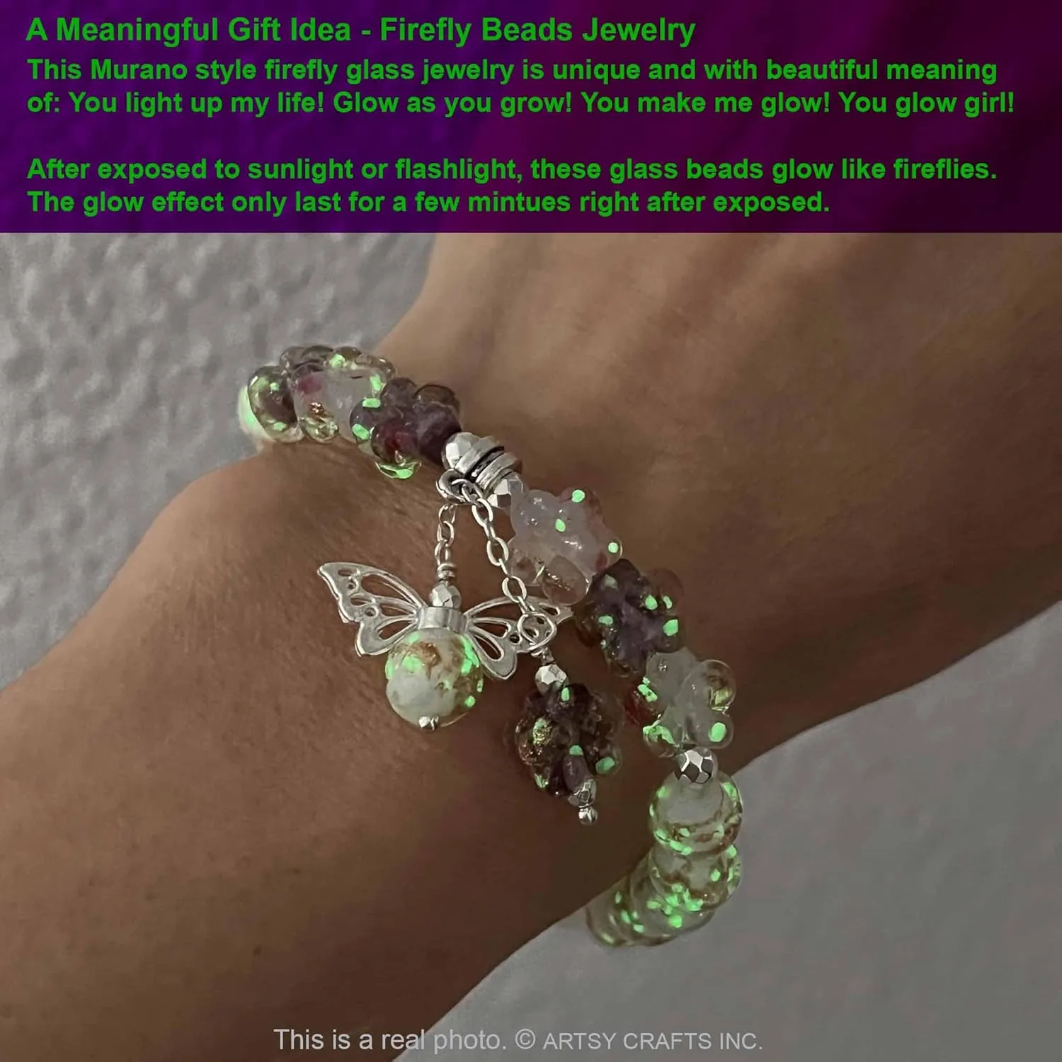ARTSY Crafts Glow in the Dark Firefly Beads Bracelet, Unique Inspirational Bracelets with Meaning, Mermaid Crystal Healing Chakra Birthday Gifts