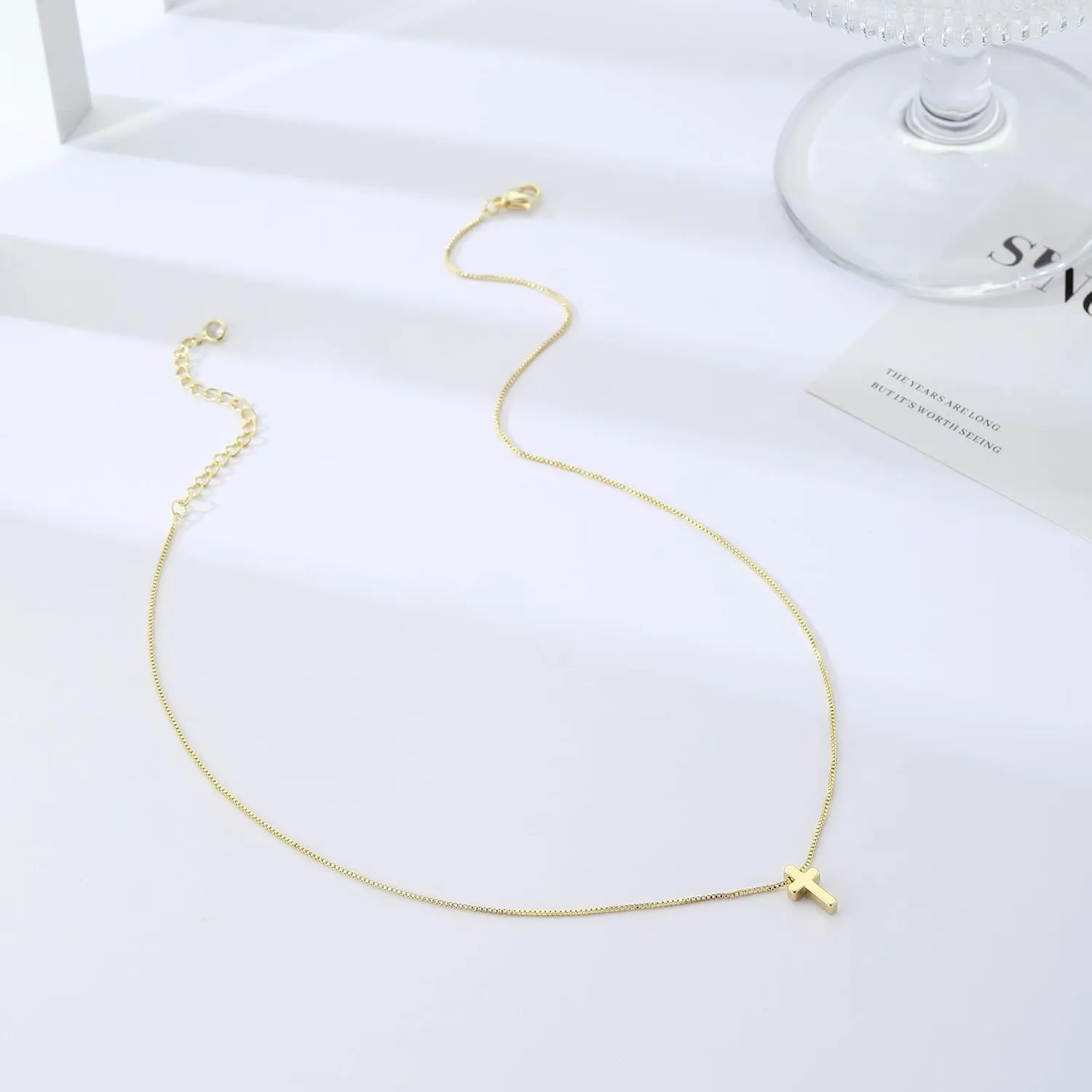 ASCOMY Cross Necklace for Women 14K Gold & Silver Plated Cross Necklace Trendy Cross Pendant Necklace Cubic Zirconia Cross Box Chain Pearl Beads Link Choker Minimalist Daily Jewelry Gift for Women