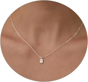 ASCOMY Dainty CZ Diamond Solitaire Pendant Necklaces for Women 14K Gold Plated Single Round Cubic Zirconia Square Simulated Diamond Choker Necklace Bride Bridesmaid Weeding Jewelry Gifts
