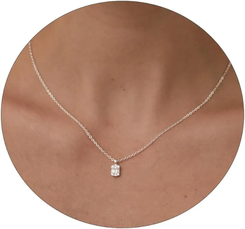 ASCOMY Dainty CZ Diamond Solitaire Pendant Necklaces for Women 14K Gold Plated Single Round Cubic Zirconia Square Simulated Diamond Choker Necklace Bride Bridesmaid Weeding Jewelry Gifts