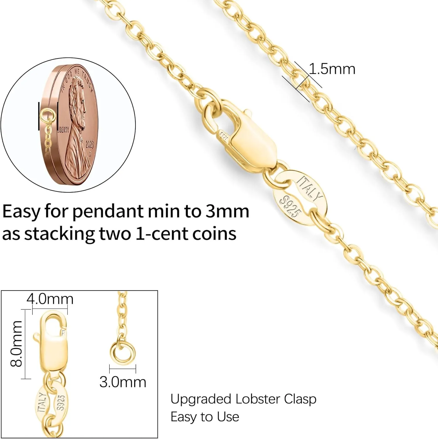 ASHINE 925 Sterling Silver & 14K Gold Pleated Strong Lobster Clasp 1.5mm Italian Chain Necklace - Available in 16, 18, 20, 22, 24, 26, 30 Inches