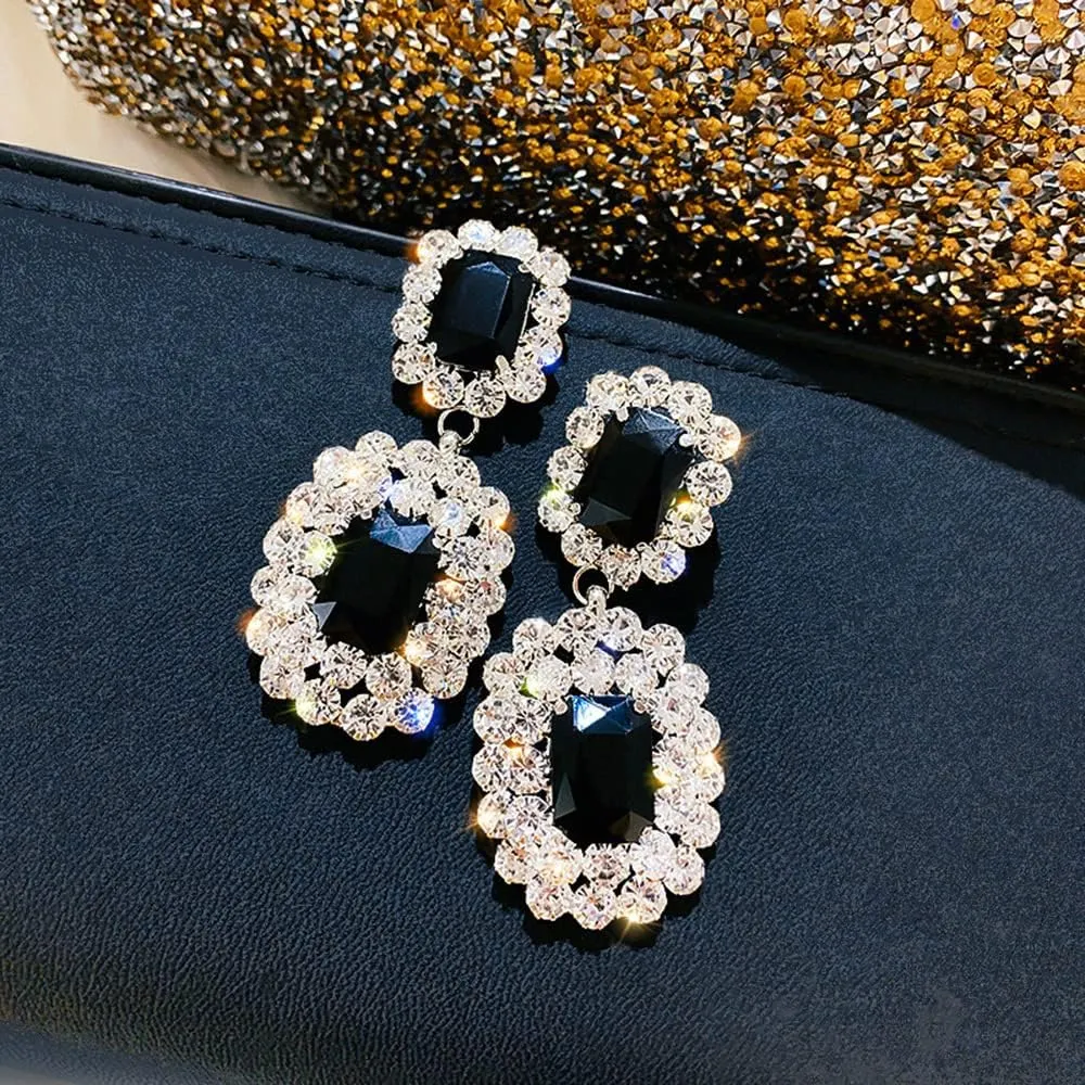 Asphire Vintage Geometric Rhinestone Drop Dangle Earrings Black Gemstone Earrings Elegant Long Statement Earrings for Women Wedding Prom Ball Jewelry