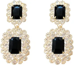 Asphire Vintage Geometric Rhinestone Drop Dangle Earrings Black Gemstone Earrings Elegant Long Statement Earrings for Women Wedding Prom Ball Jewelry