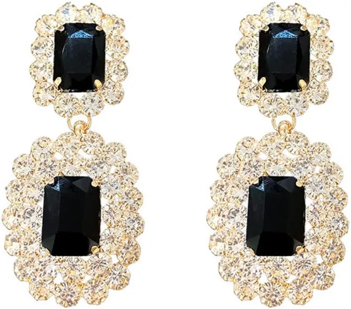 Asphire Vintage Geometric Rhinestone Drop Dangle Earrings Black Gemstone Earrings Elegant Long Statement Earrings for Women Wedding Prom Ball Jewelry