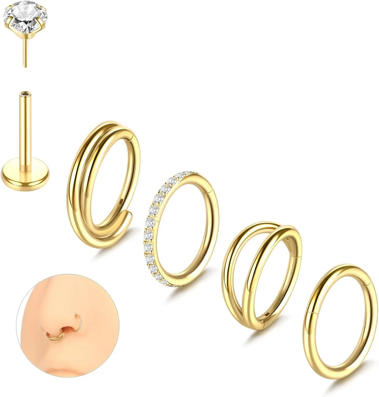 Aumeo 20G 18G 16G Nose Rings Hoops 316L Surgical Steel Double Hoop Nose Ring Septum Rings Threadless Nose Stud Tragus Helix Cartilage Daith Piercing Jewelry Silver Gold 7mm 8mm 9mm