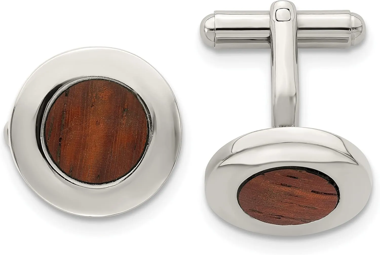 Avariah Chisel Stainless Steel Polished Koa Wood Inlay Circle Cufflinks - 15mm