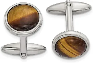 Avariah Chisel Stainless Steel Polished Tiger's Eye Circle Cufflinks - 23.78mm