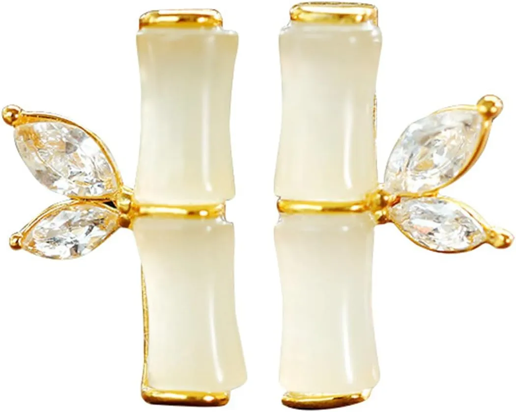 Bamboo Crystal Stud Earrings for Women Gold Plated Asymmetric Charm Cute Bamboo Leaf Plant Chic Rhinestone Cubic Zirconia Small 925 Sterling Silver Earrings for Birthday Holiday Jewelry Gifts