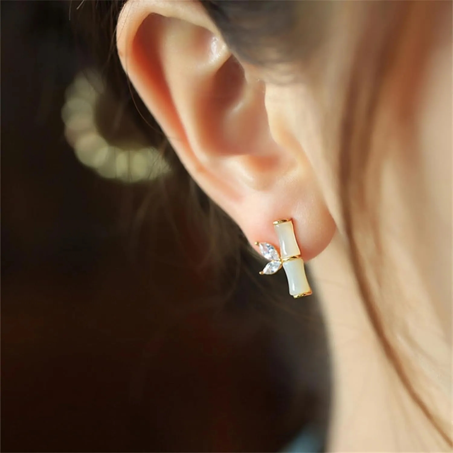 Bamboo Crystal Stud Earrings for Women Gold Plated Asymmetric Charm Cute Bamboo Leaf Plant Chic Rhinestone Cubic Zirconia Small 925 Sterling Silver Earrings for Birthday Holiday Jewelry Gifts