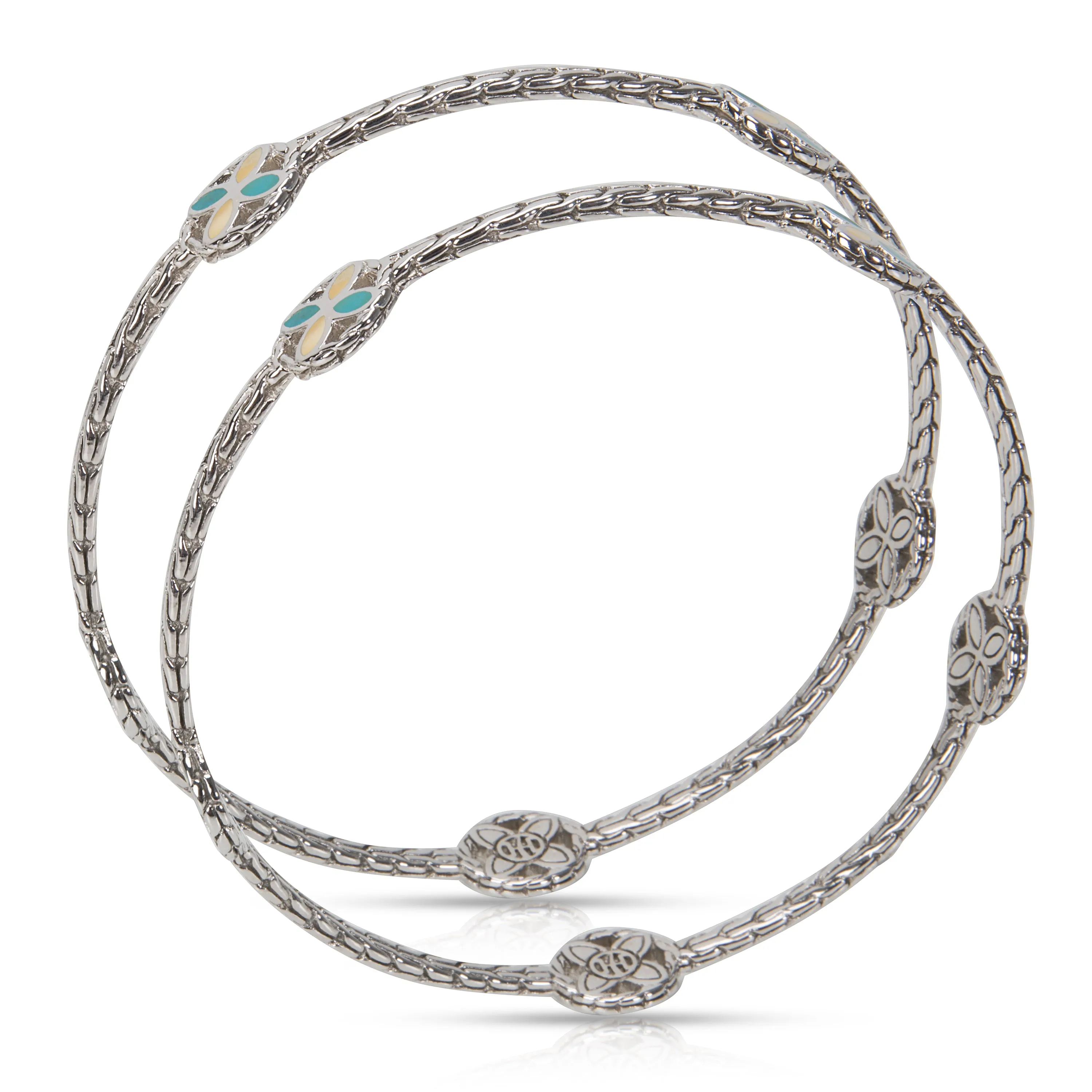 Batu Kawung Bangles 5 Flower Stations, Turquoise & Ivory in Sterling