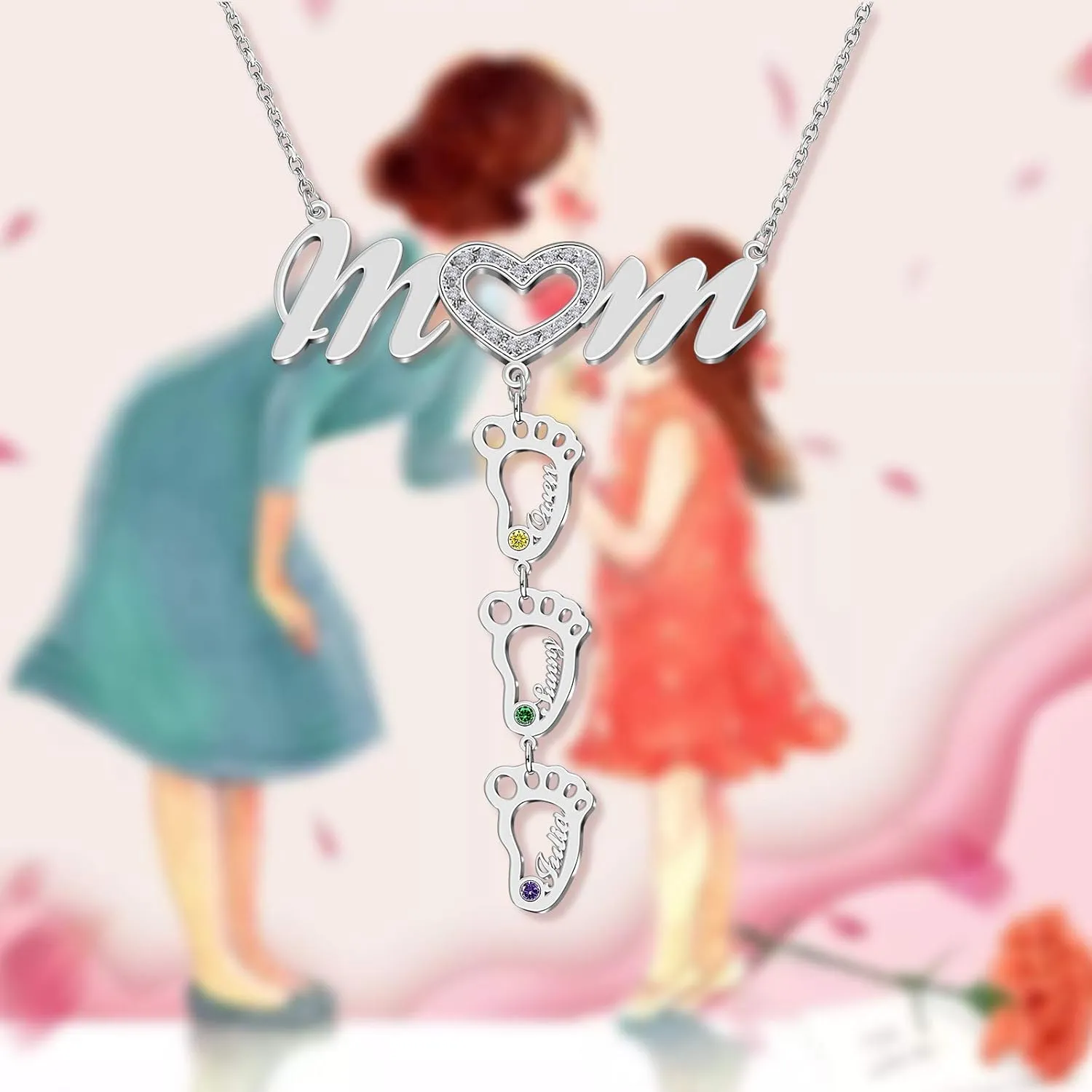 BAUMA AUTO MOM Heart Necklace with Birthstones Heart Mother Necklaces for Women Grandmother Love Heart Pendant Jewelry for Mothers Day Birthday Anniversary