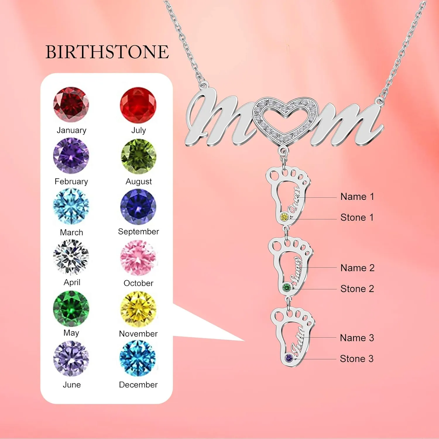 BAUMA AUTO MOM Heart Necklace with Birthstones Heart Mother Necklaces for Women Grandmother Love Heart Pendant Jewelry for Mothers Day Birthday Anniversary