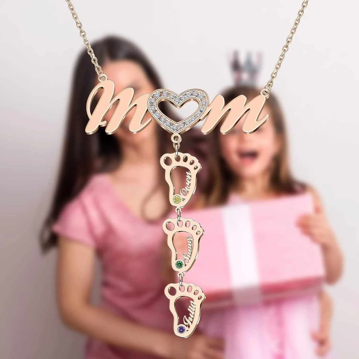 BAUMA AUTO MOM Heart Necklace with Birthstones Heart Mother Necklaces for Women Grandmother Love Heart Pendant Jewelry for Mothers Day Birthday Anniversary