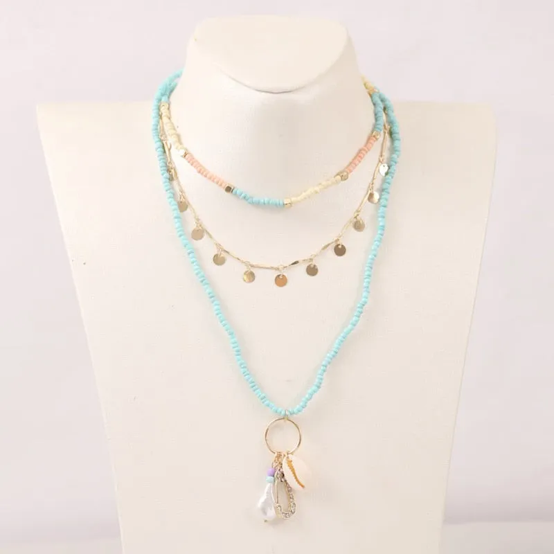 Beach Style Fashion Blue Glass Beaded Long Necklaces