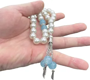 Beads Bracelet Elegant Beaded Bracelet Rosary Bracelets Unique Beads Bracelet Prayer Beads Wristband Imitation Pearl Material for Woman, 33 pieces 10mm, Blue