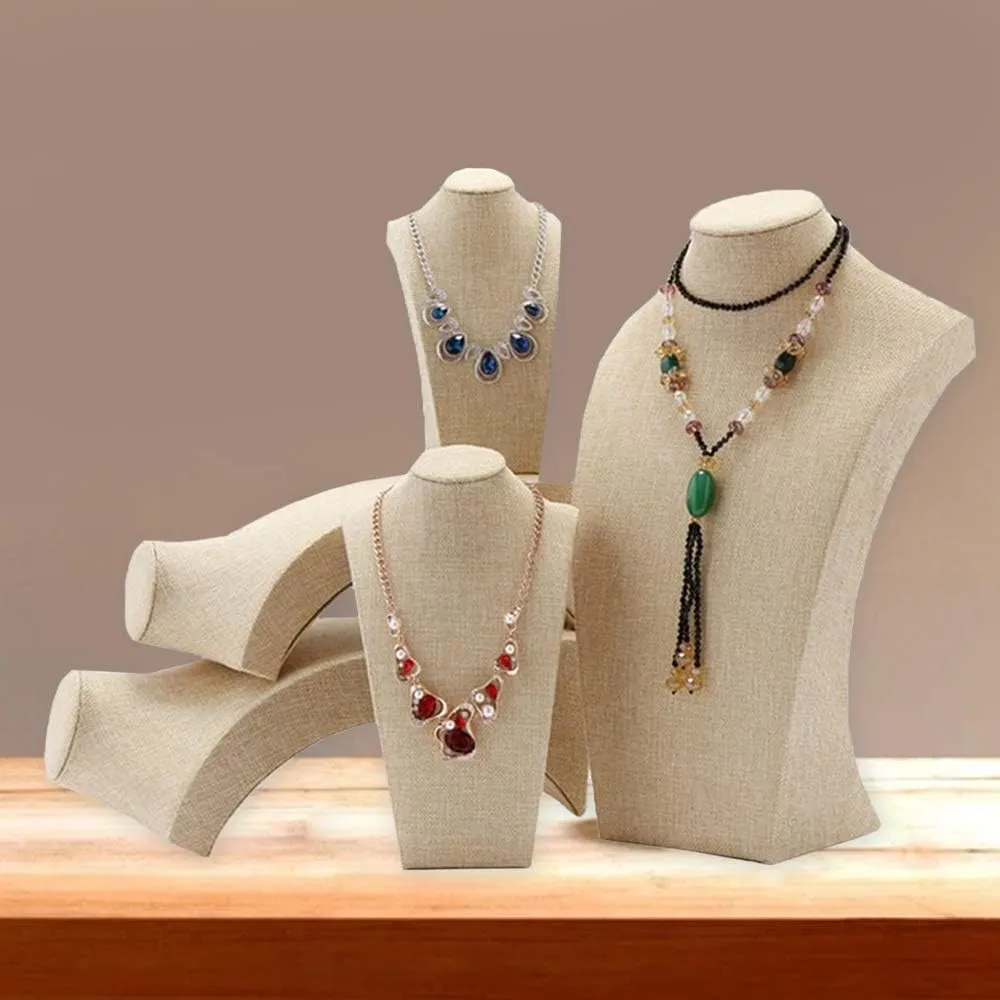 Beige Linen Necklace Display Bust - 11.8" Jewelry Holder for Necklaces, Bracelets, Figure Display Stand (30x17cm)