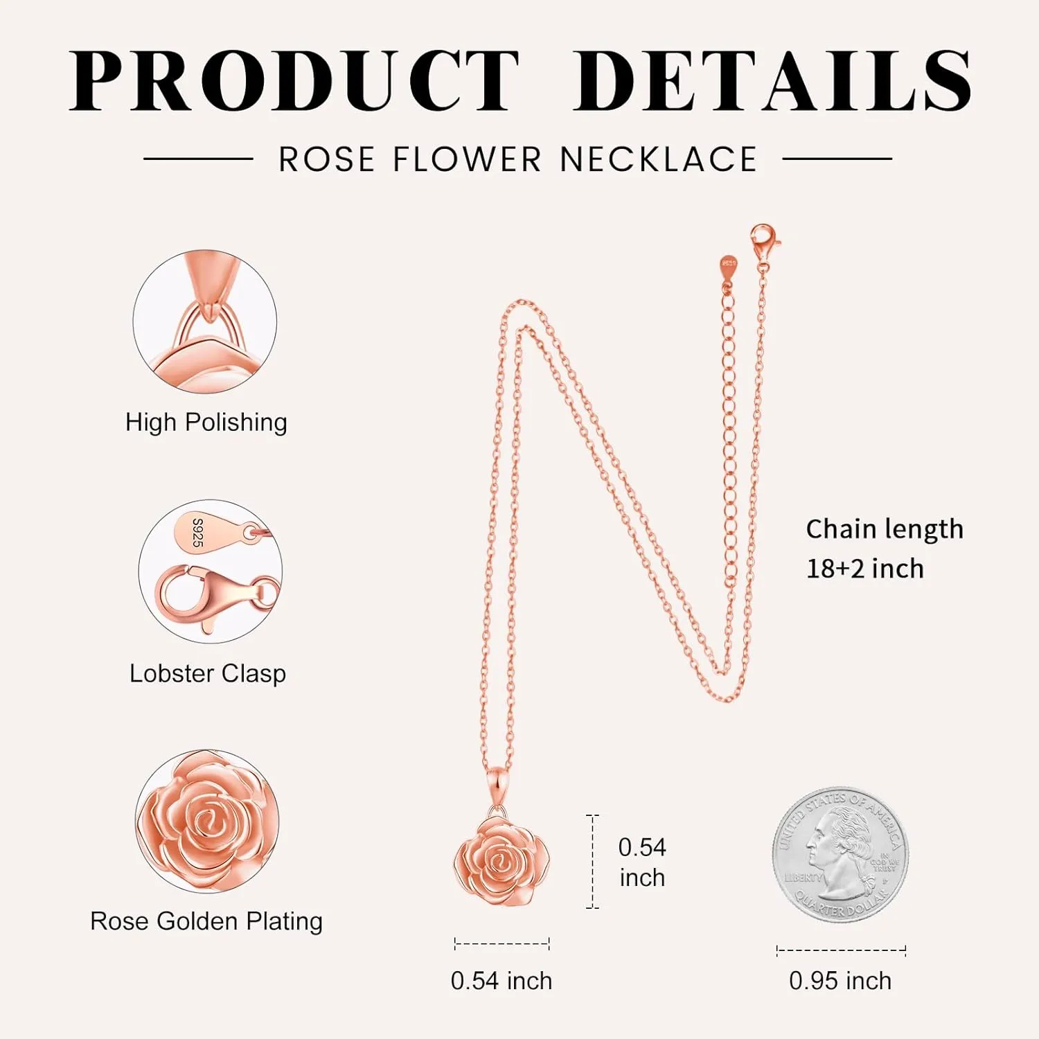 BEILIN 925 Sterling Silver Rose Flower Necklace Rose Pendant Necklaces Jewelry for Women