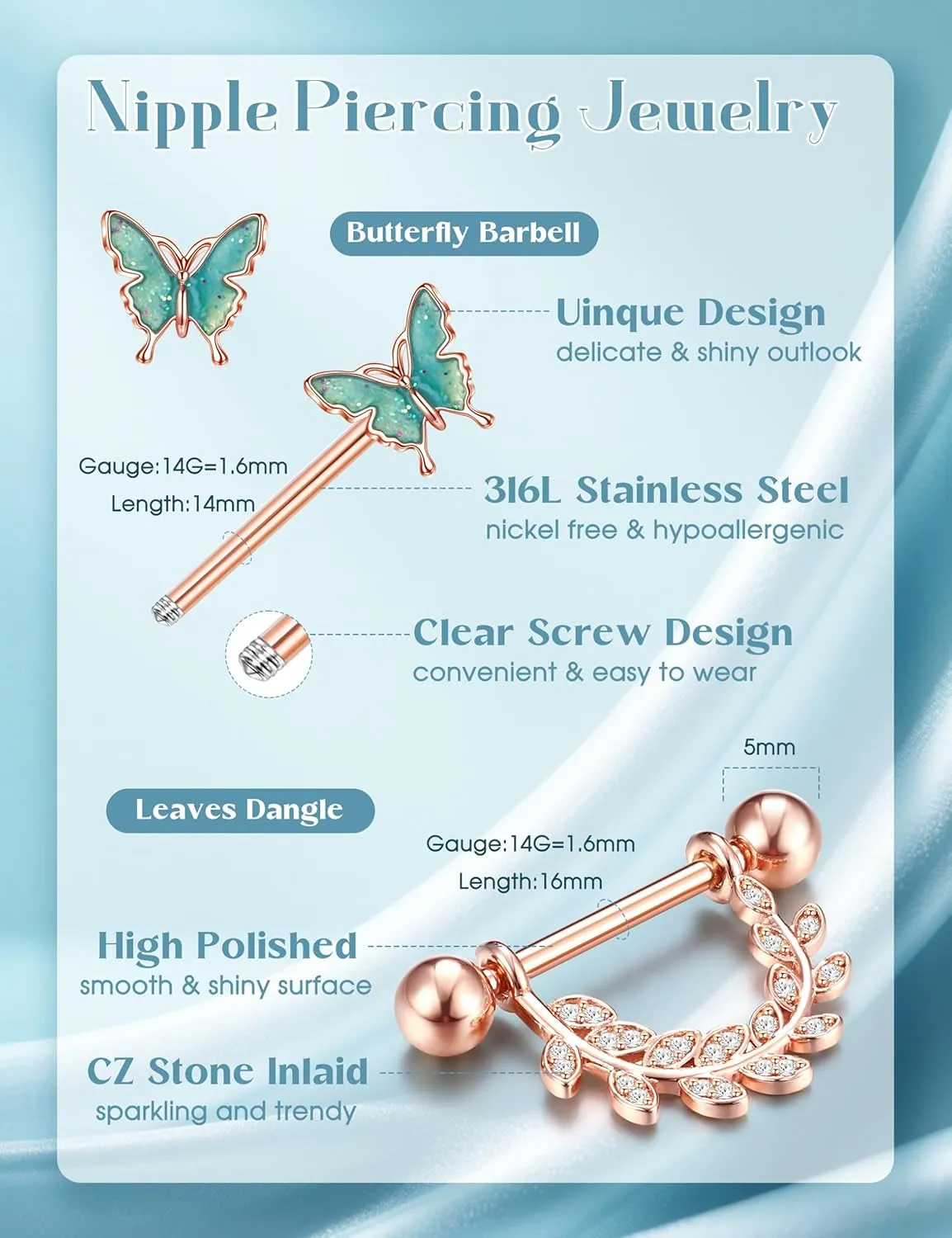 Besteel 7 Pairs Nipple Piercing Jewelry Tongue Rings for Women Men Cute CZ Ball Heart Butterfly Stainless Surgical Steel Straight Barbell Nipplerings Body Jewelry Set 14G