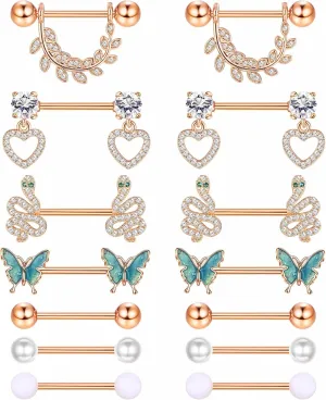 Besteel 7 Pairs Nipple Piercing Jewelry Tongue Rings for Women Men Cute CZ Ball Heart Butterfly Stainless Surgical Steel Straight Barbell Nipplerings Body Jewelry Set 14G