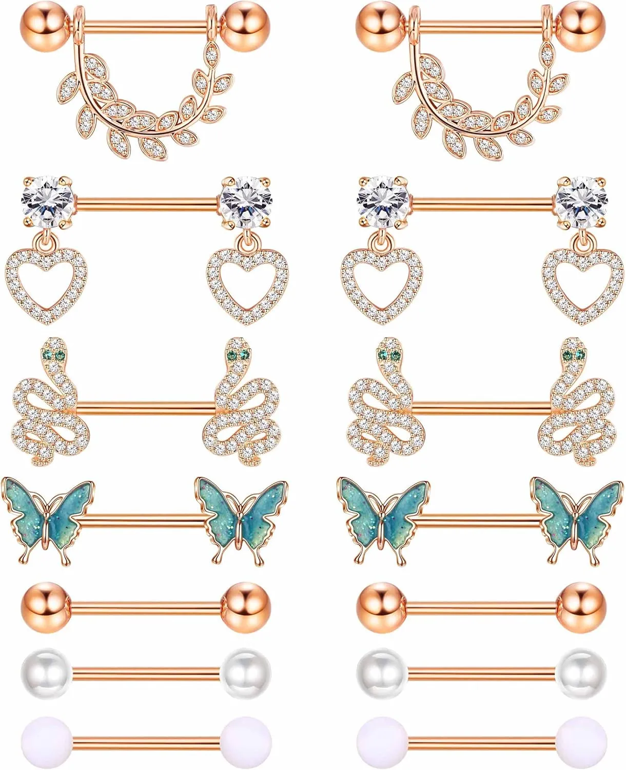 Besteel 7 Pairs Nipple Piercing Jewelry Tongue Rings for Women Men Cute CZ Ball Heart Butterfly Stainless Surgical Steel Straight Barbell Nipplerings Body Jewelry Set 14G