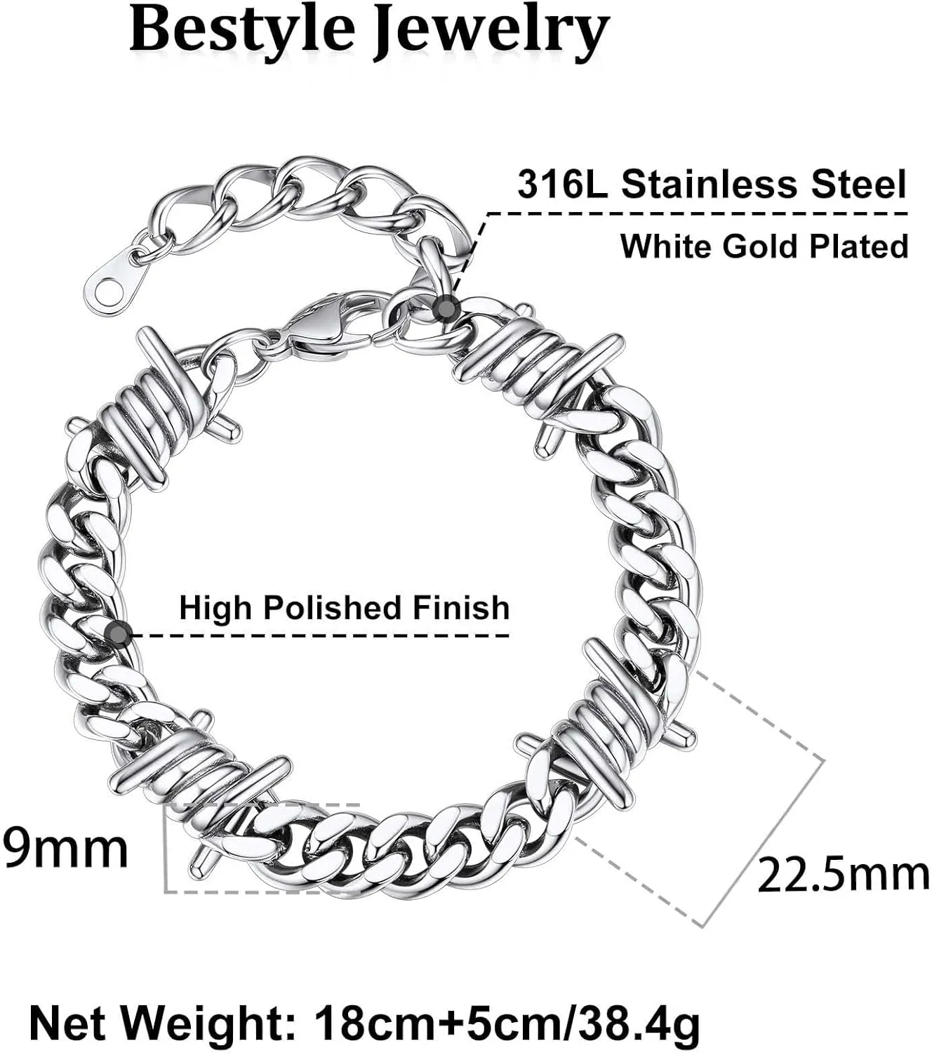 Bestyle Gothic Barbed Wire Bracelets 9mm Stainless Steel Cuban Link Chain Hand Chain Heavy Thicker Barb Wire Gothic Bracelets for Men Women