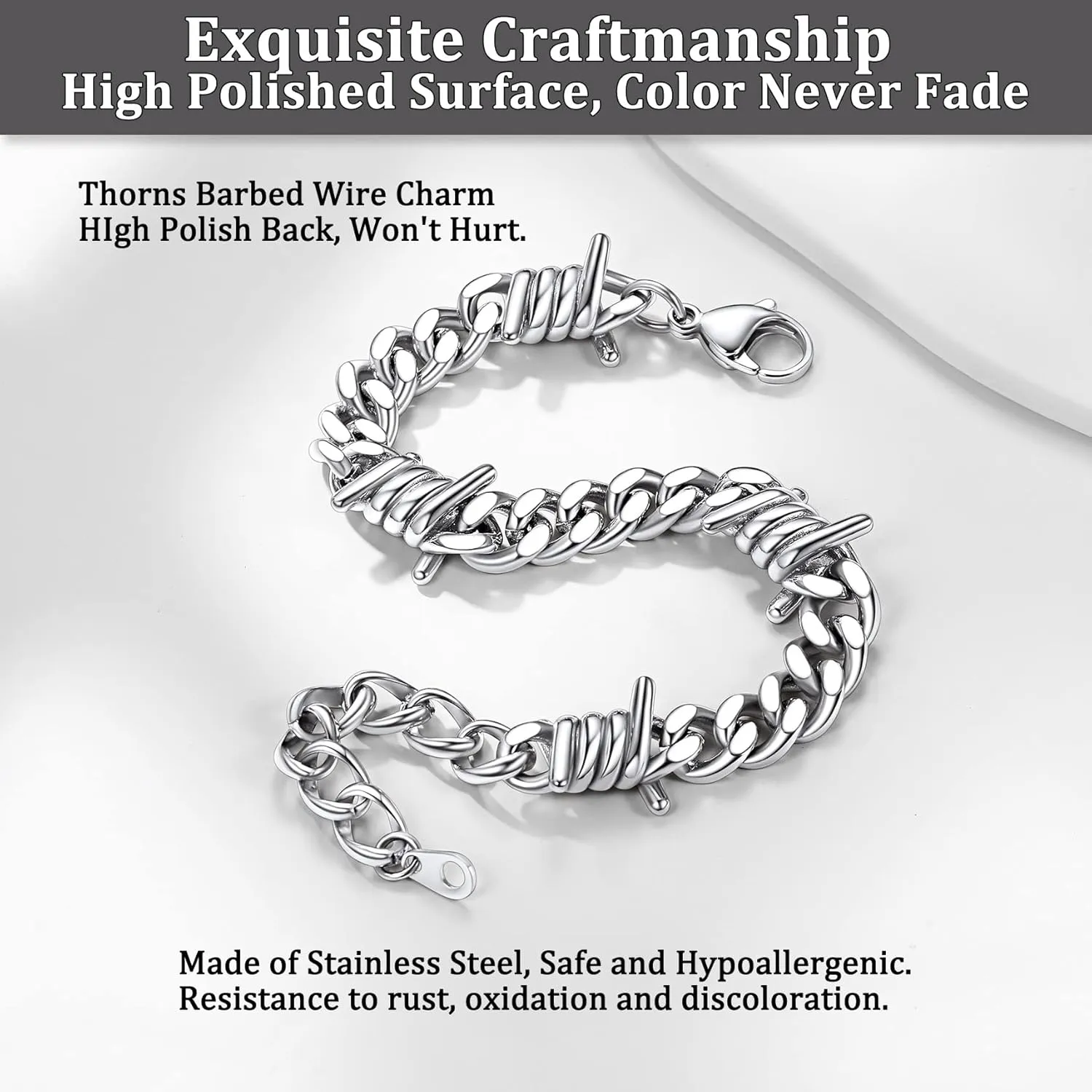 Bestyle Gothic Barbed Wire Bracelets 9mm Stainless Steel Cuban Link Chain Hand Chain Heavy Thicker Barb Wire Gothic Bracelets for Men Women