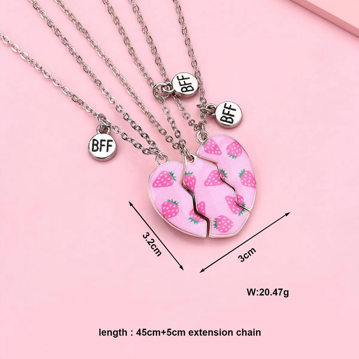 BFF Best Friend Necklaces for 3 Half Split Heart BFF Necklace Strawberry Heart Friendship Necklace 3 Sisters By Carrot Pendant Friendship Jewelry
