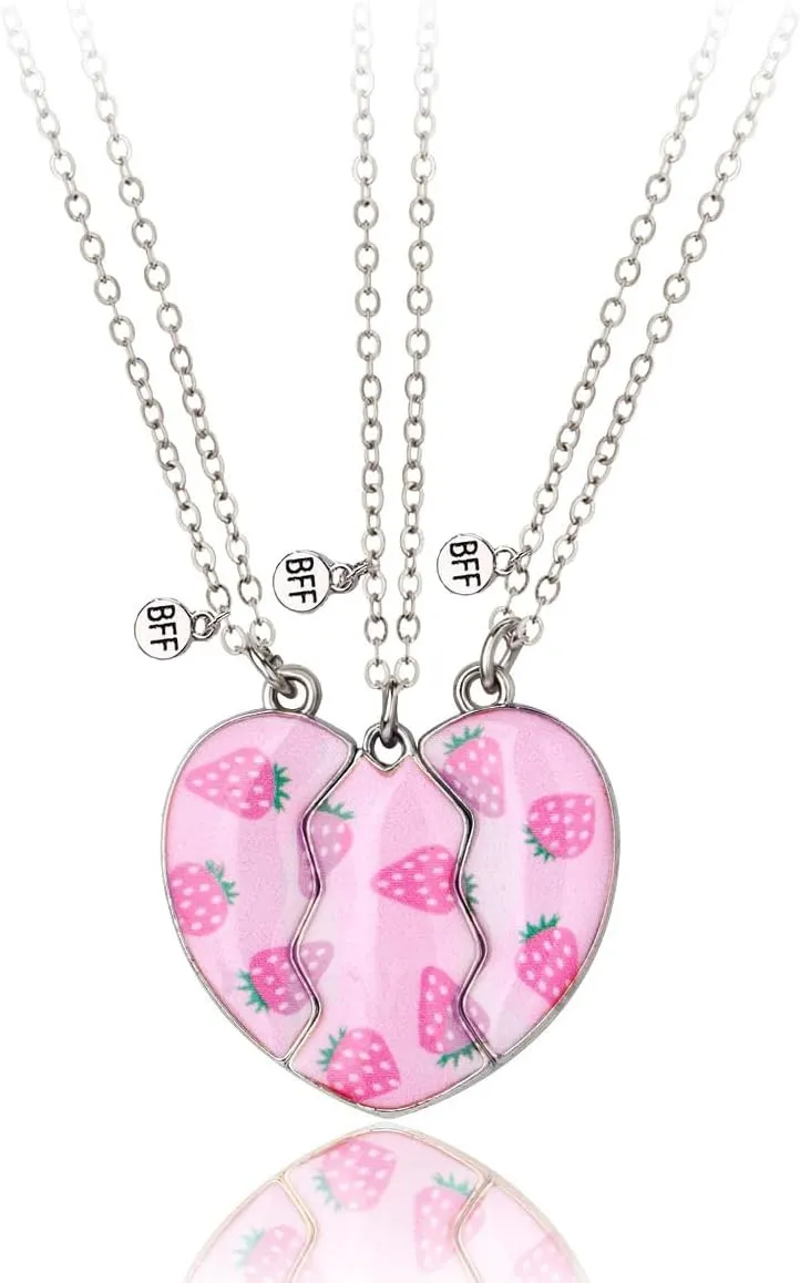 BFF Best Friend Necklaces for 3 Half Split Heart BFF Necklace Strawberry Heart Friendship Necklace 3 Sisters By Carrot Pendant Friendship Jewelry