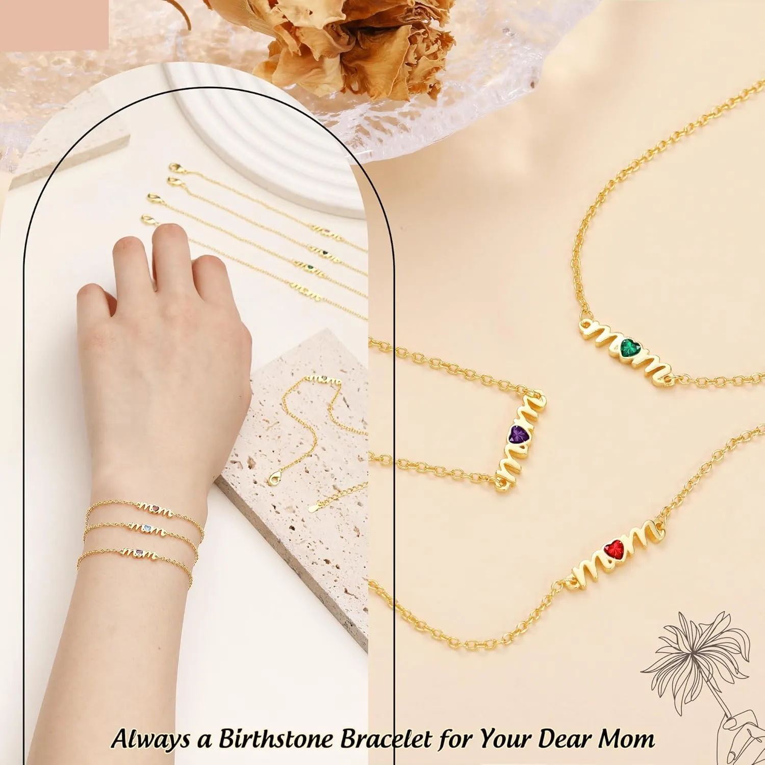 Birthday Gifts for Mom, Mom Birthday Gifts Birthstone Bracelets for Women Gold Dainty Bracelet Mom Christimas Gifts Socking Stuffers for Mom Happy Unique 30th 40th 50th 60th 70th 80th Mother Birthday Retirement Jewelry