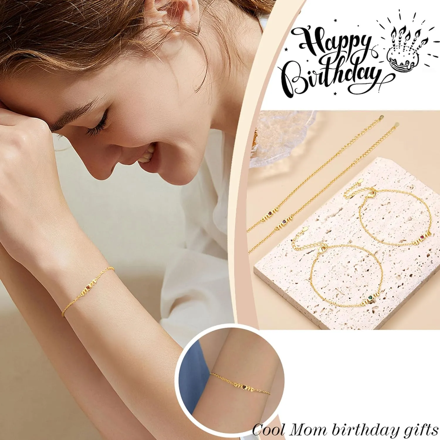 Birthday Gifts for Mom, Mom Birthday Gifts Birthstone Bracelets for Women Gold Dainty Bracelet Mom Christimas Gifts Socking Stuffers for Mom Happy Unique 30th 40th 50th 60th 70th 80th Mother Birthday Retirement Jewelry