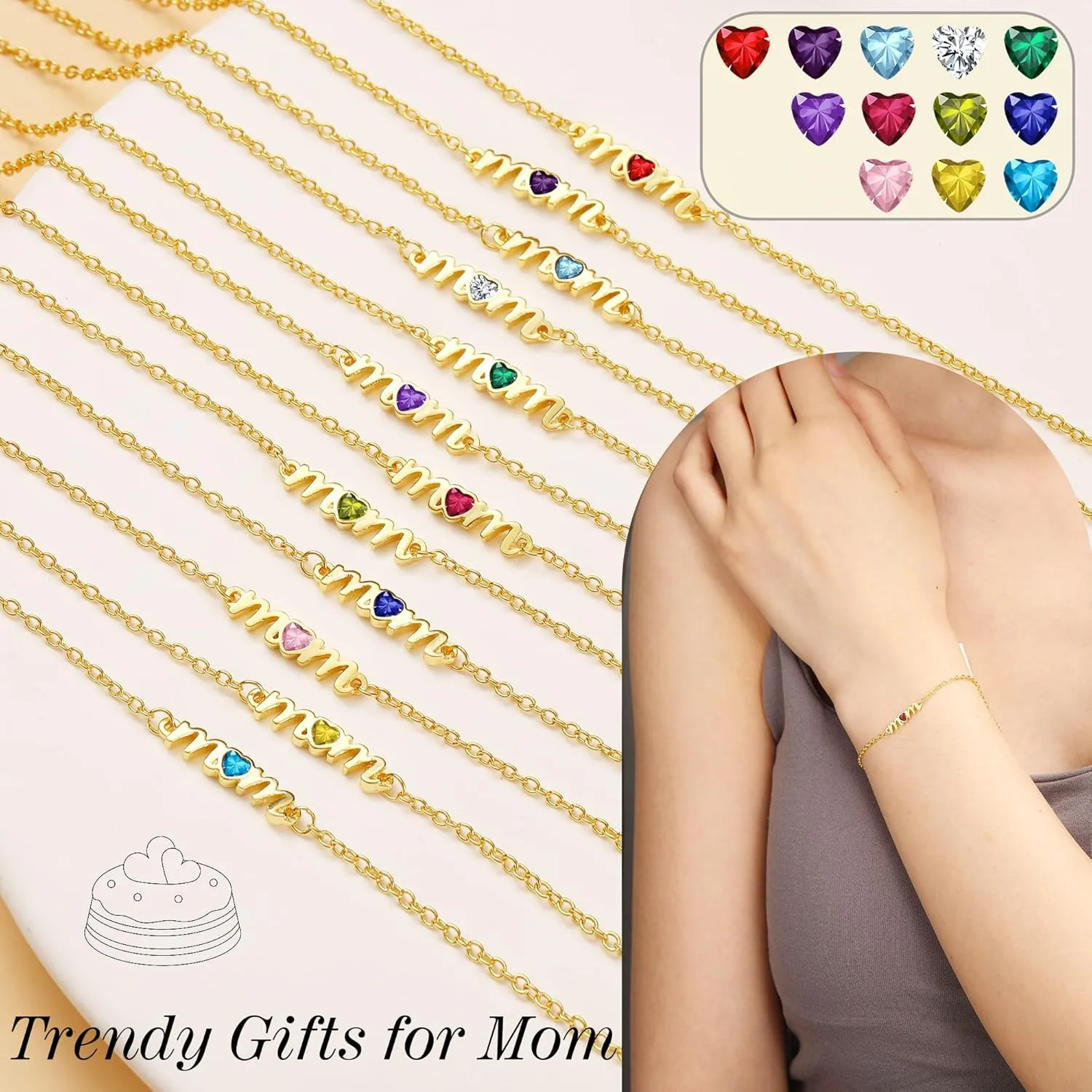 Birthday Gifts for Mom, Mom Birthday Gifts Birthstone Bracelets for Women Gold Dainty Bracelet Mom Christimas Gifts Socking Stuffers for Mom Happy Unique 30th 40th 50th 60th 70th 80th Mother Birthday Retirement Jewelry