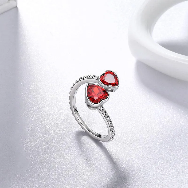 Birthstone January Garnet Love Hearts Ring Jewelry Women Girls Birthday Gift