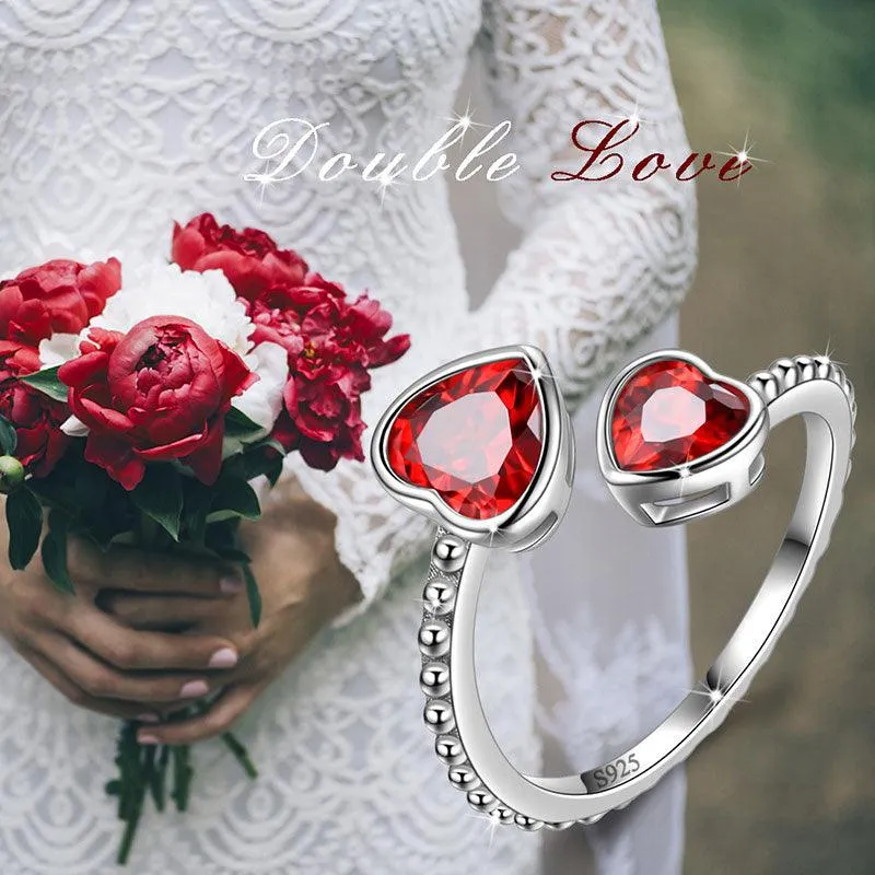 Birthstone January Garnet Love Hearts Ring Jewelry Women Girls Birthday Gift