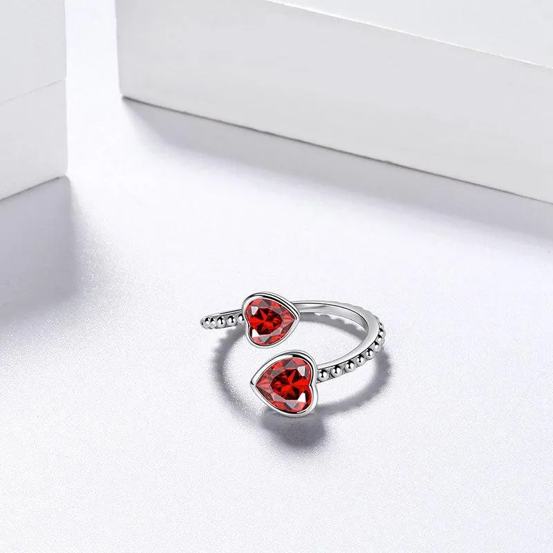 Birthstone January Garnet Love Hearts Ring Jewelry Women Girls Birthday Gift