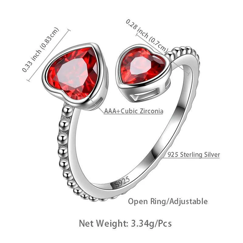Birthstone January Garnet Love Hearts Ring Jewelry Women Girls Birthday Gift