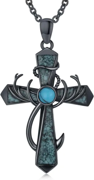 Black Turquoise Cross Necklace for Women, 925 Sterling Silver Cross Deer Antler Fish Hook Pendant Hunting Jewelry Gifts for Her