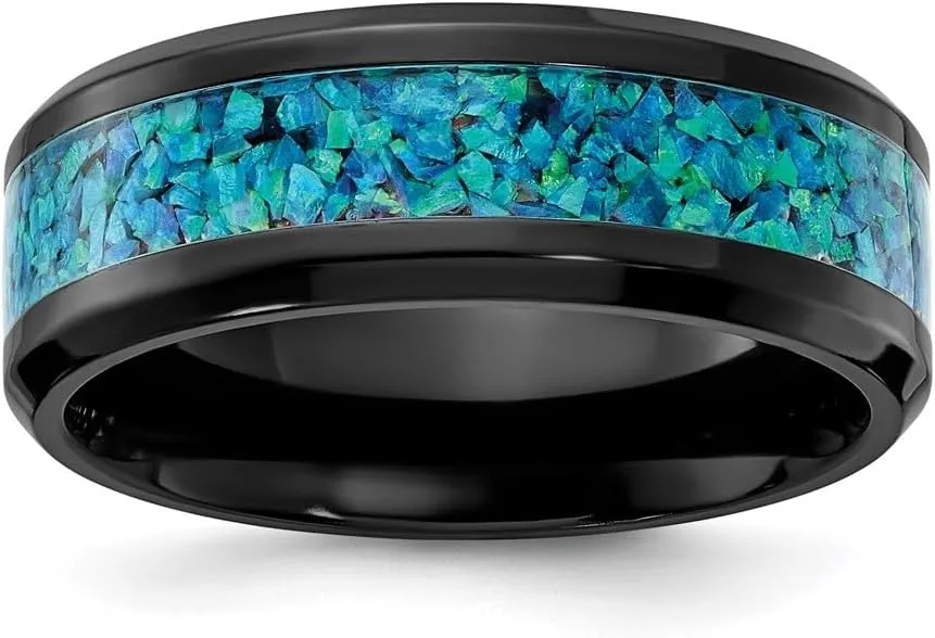 Black Zirconium Polished with Blue Imitation Opal Inlay 8 mm Band Size 7 to 13