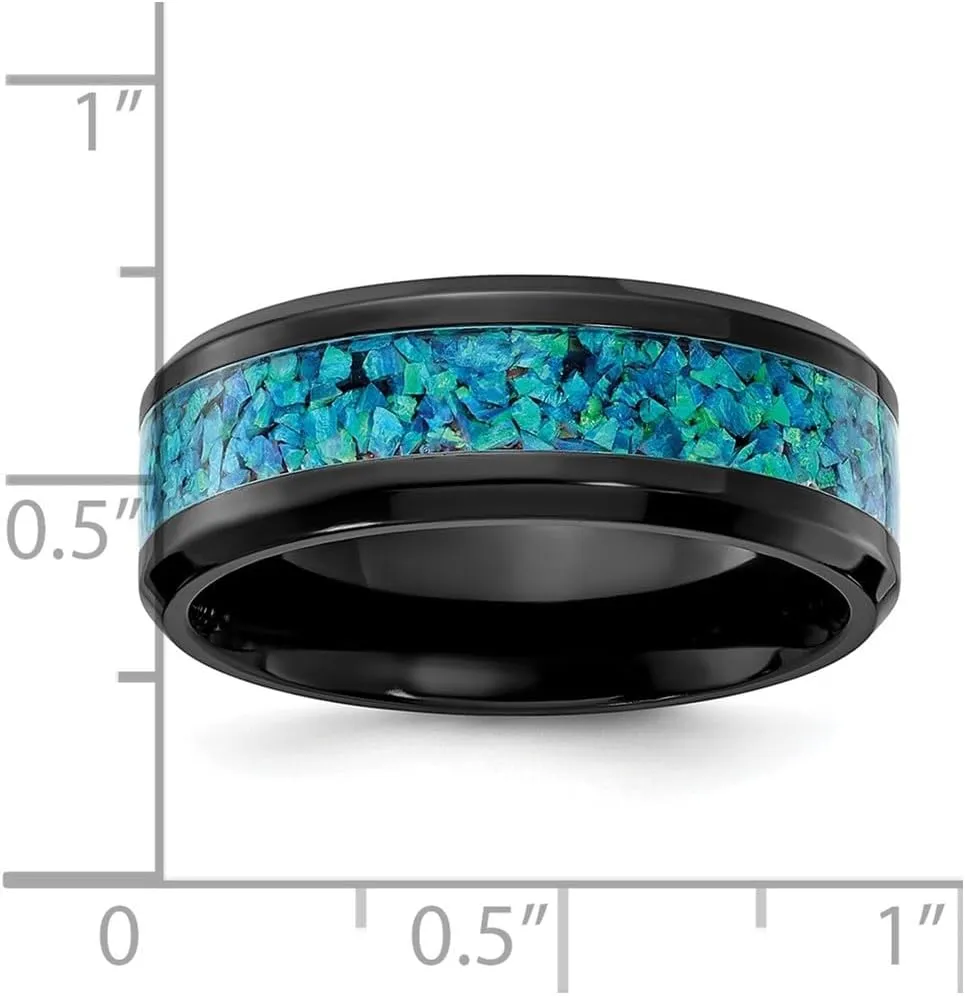 Black Zirconium Polished with Blue Imitation Opal Inlay 8 mm Band Size 7 to 13