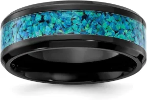 Black Zirconium Polished with Blue Imitation Opal Inlay 8 mm Band Size 7 to 13