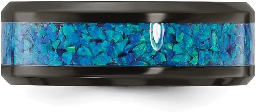 Black Zirconium Polished with Blue Imitation Opal Inlay 8 mm Band Size 7 to 13