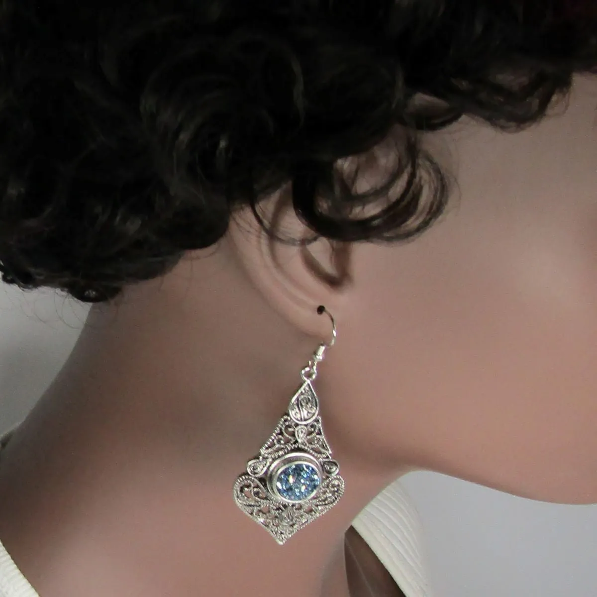 Blue Crystal & Antique Silver Tear Drop Earrings