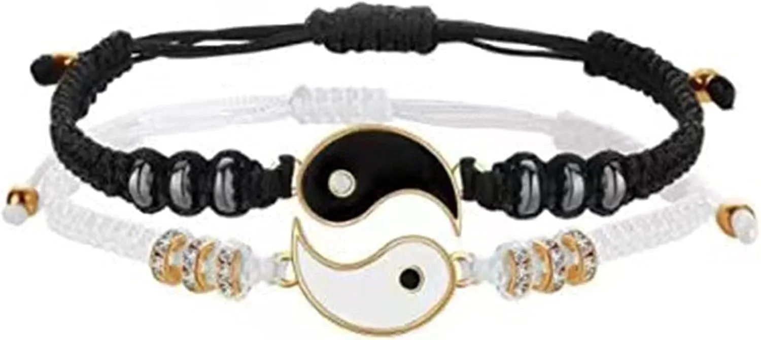 Bluelanss Couple Bracelets Set, Best Friend Bracelets for 2 Matching Yin Yang Adjustable Cord for BFF Friendship Relationship Boyfriend Girlfriend Men Women Lover Him Her Valentines Gift Gold