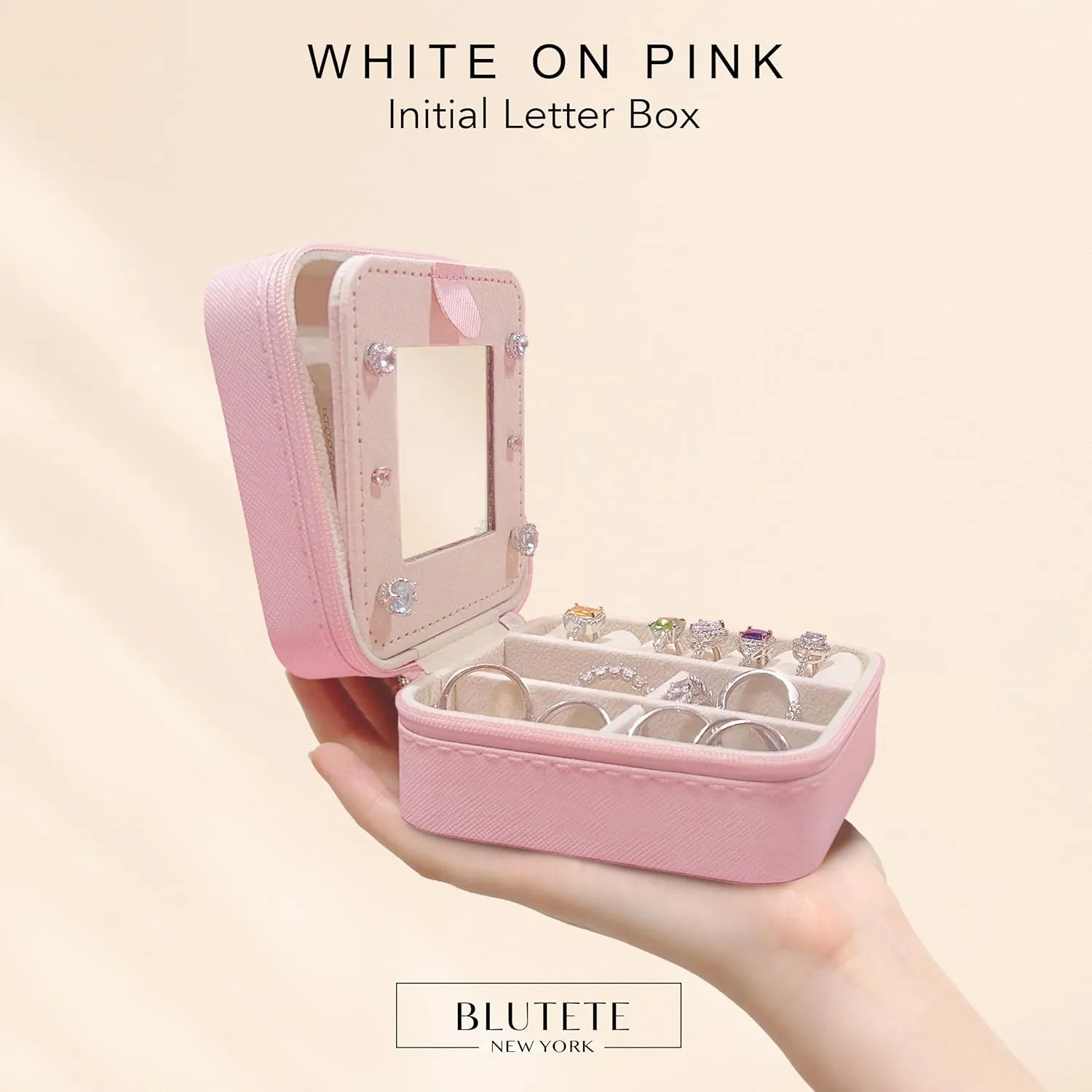 BLUTETE Personalized Initial Jewelry Box White Jewelry Boxes for Travel - Ring Holder Earring Holder Jewelry Organizer Teen Girl Gifts-Pink J