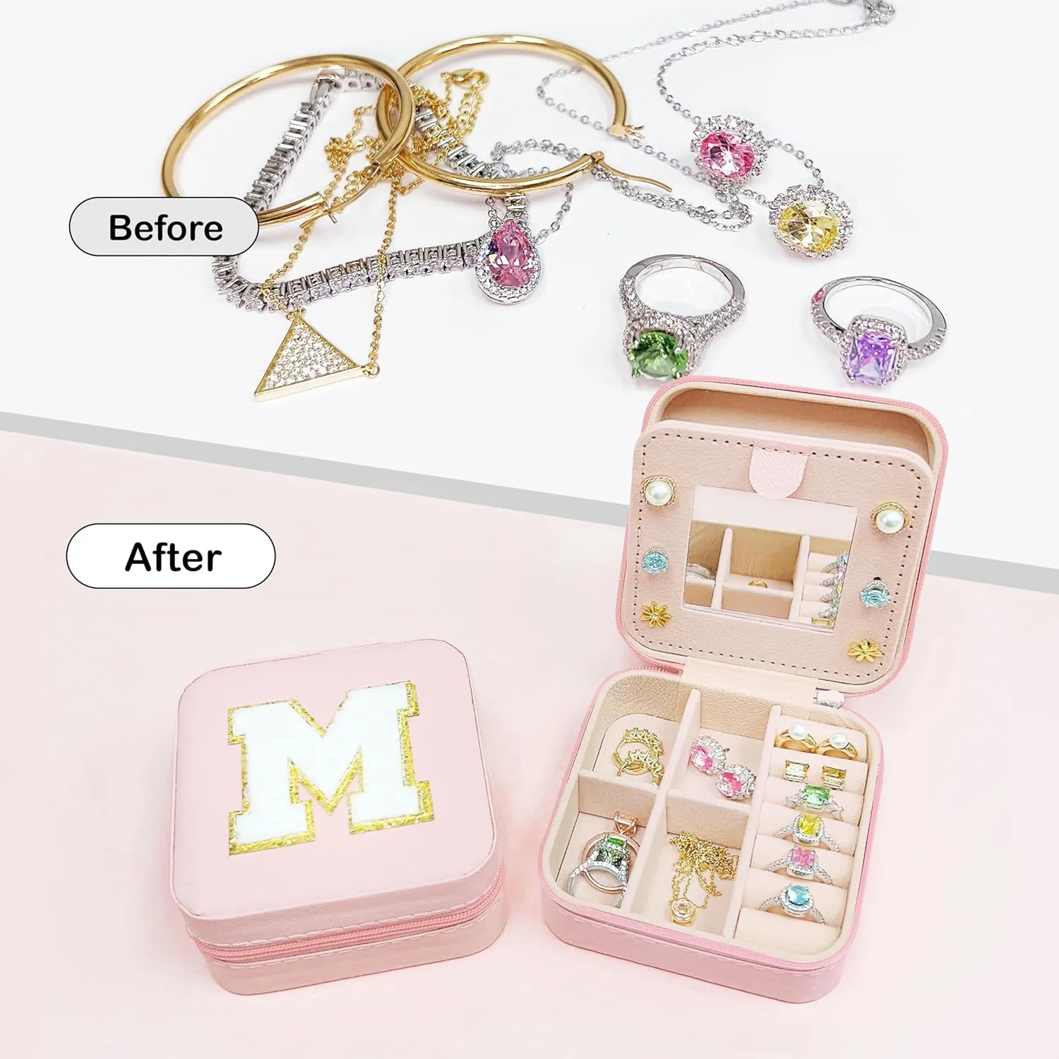 BLUTETE Personalized Initial Jewelry Box White Jewelry Boxes for Travel - Ring Holder Earring Holder Jewelry Organizer Teen Girl Gifts-Pink J