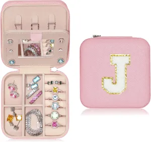 BLUTETE Personalized Initial Jewelry Box White Jewelry Boxes for Travel - Ring Holder Earring Holder Jewelry Organizer Teen Girl Gifts-Pink J