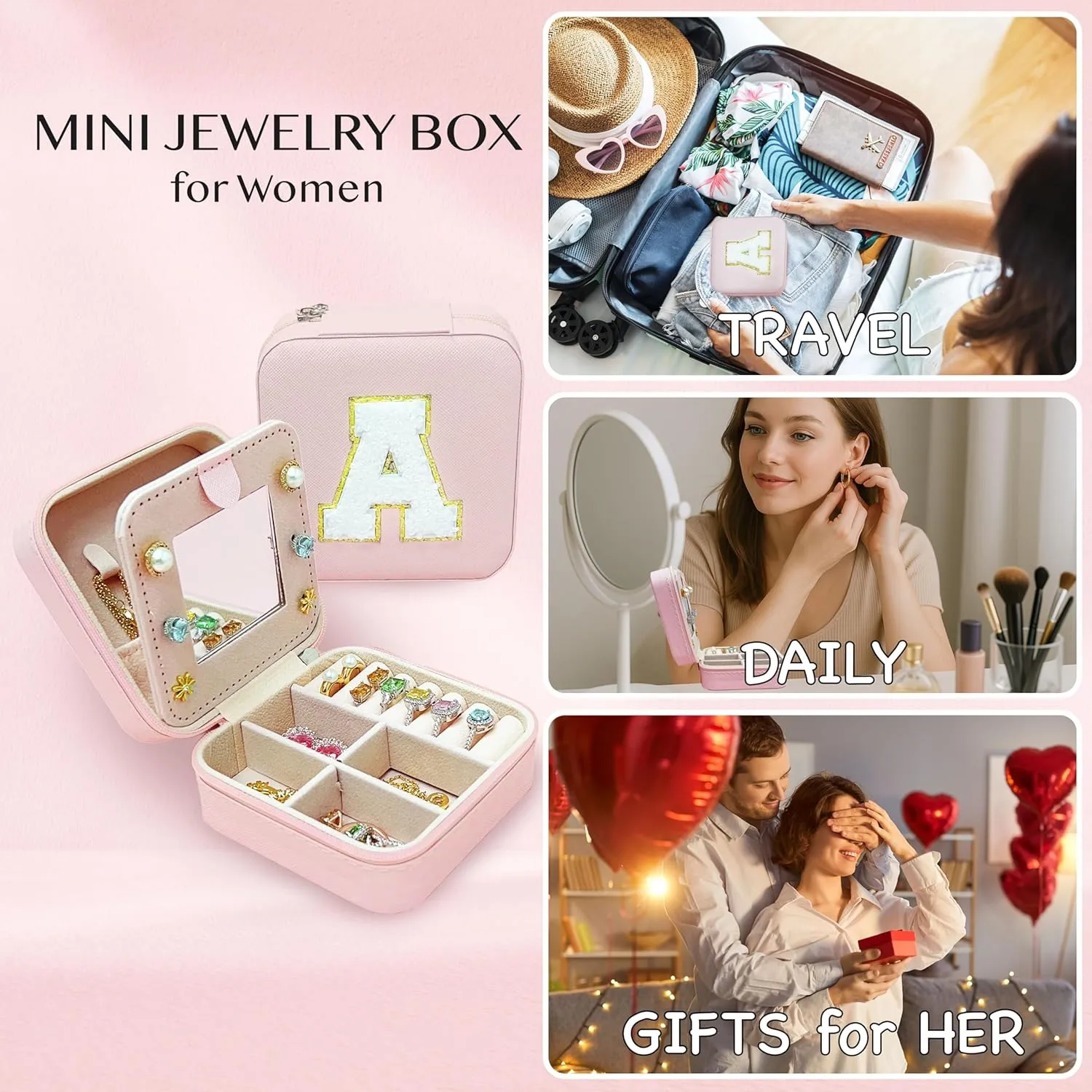 BLUTETE Personalized Initial Jewelry Box White Jewelry Boxes for Travel - Ring Holder Earring Holder Jewelry Organizer Teen Girl Gifts-Pink J