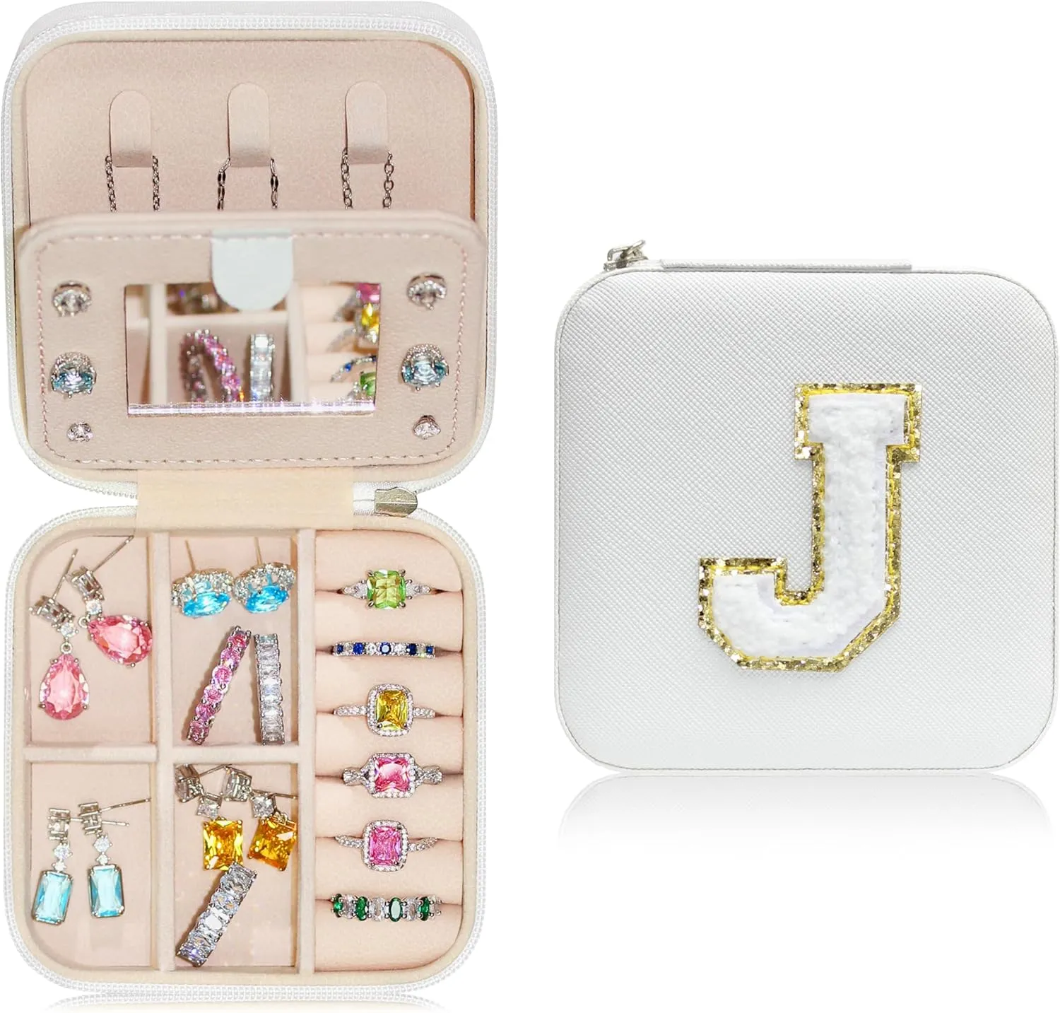 BLUTETE Personalized Initial Jewelry Box White Jewelry Boxes for Travel - Ring Holder Earring Holder Jewelry Organizer Teen Girl Gifts-White J