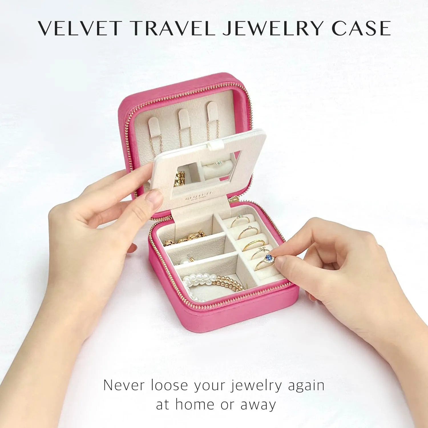 BLUTETE Travel Jewelry Box Organizer Velvet Travel Case With Mirror Ring Earrings Necklaces Storage Organizer Box (Berry Pink)